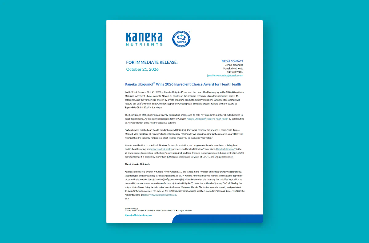 Kaneka Ubiquinol® Wins 2026 Ingredient Choice Award for Heart Health